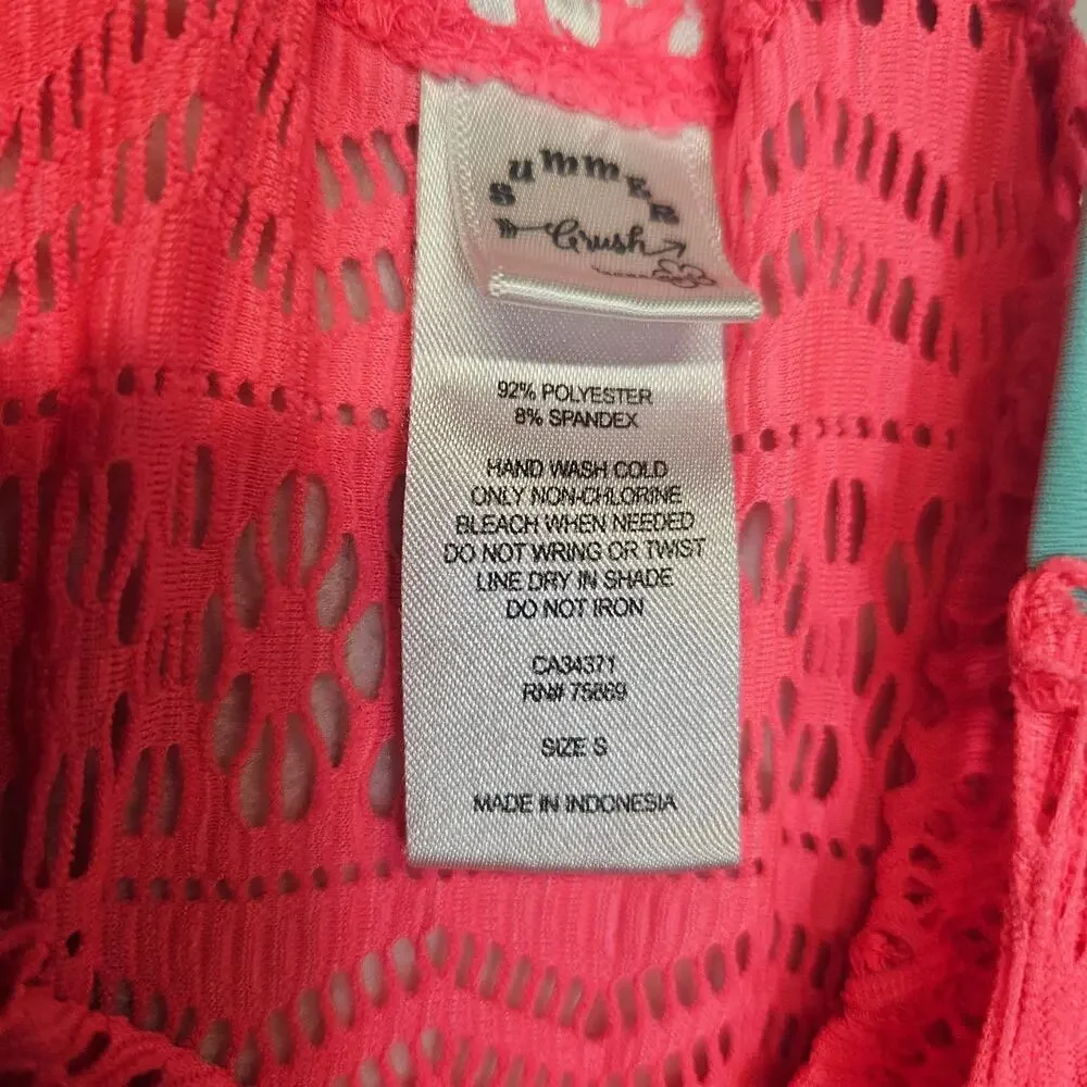 Summer Crush Girls Hot Coral Pink Swim Cover-Up Dress Crochet Lace Size Small